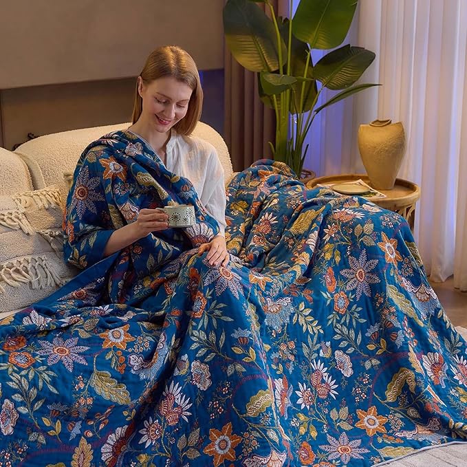 Fall Throw Blanket for Couch, Blue Boho Decorative Throw Blanket, 100% Cotton Muslin Breathable Woven Farmhouse Blankets Quilt, 80"x90" Reversible Lightweight Blankets Bohemian Throw Quilt