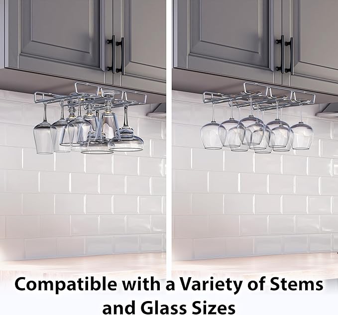 DecoBros Under Cabinet Wine Glass Stemware Rack Holder, Chrome