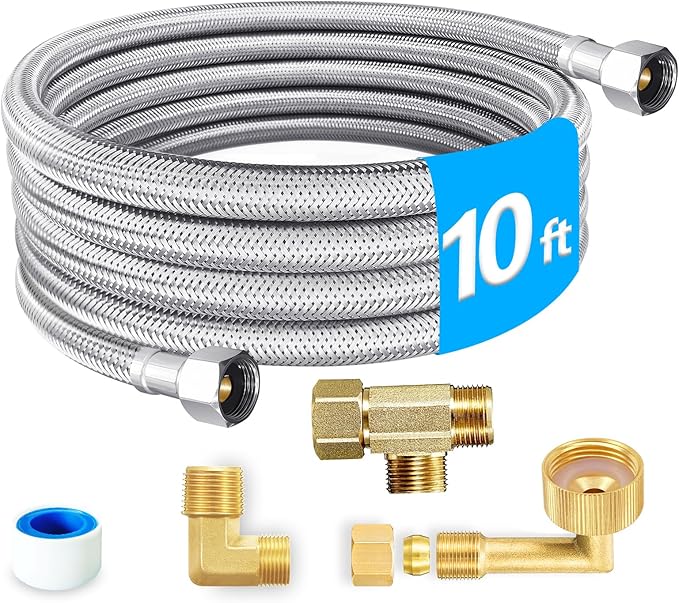Dishwasher Installation Kit - 10 FT Stainless Steel Braided Dishwasher Hose kit,Food Grade PEX Inner Tube Water Line with Add A Tee,3/8"MIP Elbow,3/8"x3/4"FHT Elbow