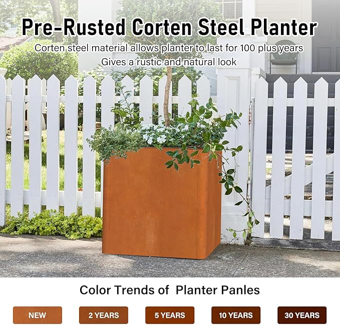 Corten Steel Large Square Planter 26"x26"x26, Cube Metal Planter Pot with Drainage Holes for Outdoor, Large Flower Pots for Patio Deck and Yard
