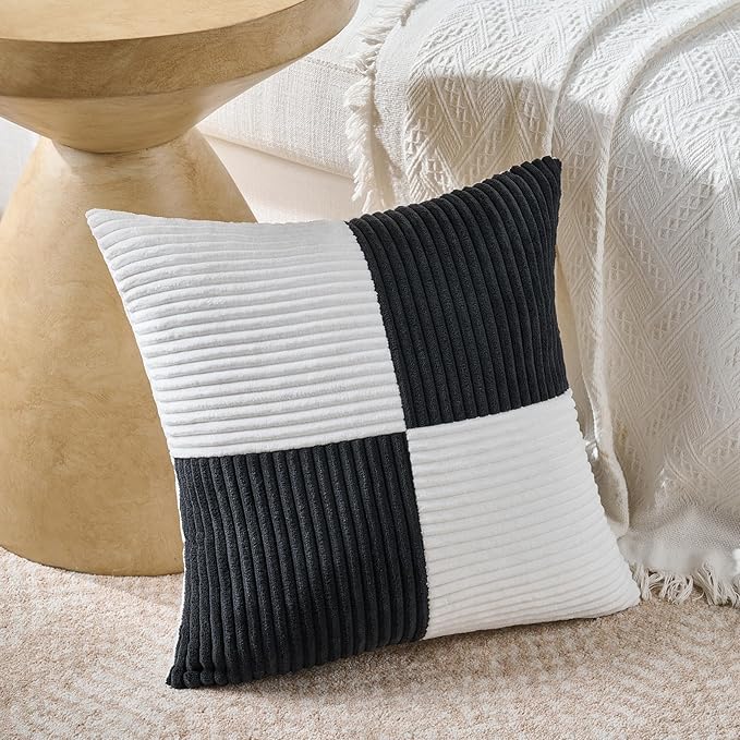 Fancy Homi Set of 2 Black White Euro Decorative Throw Pillow Covers 28x28 Inch for Bedroom Couch Bed, Farmhouse Boho Home Decor, Soft Cross Corduroy Patchwork Textured Square Cushion Case 71x71 cm