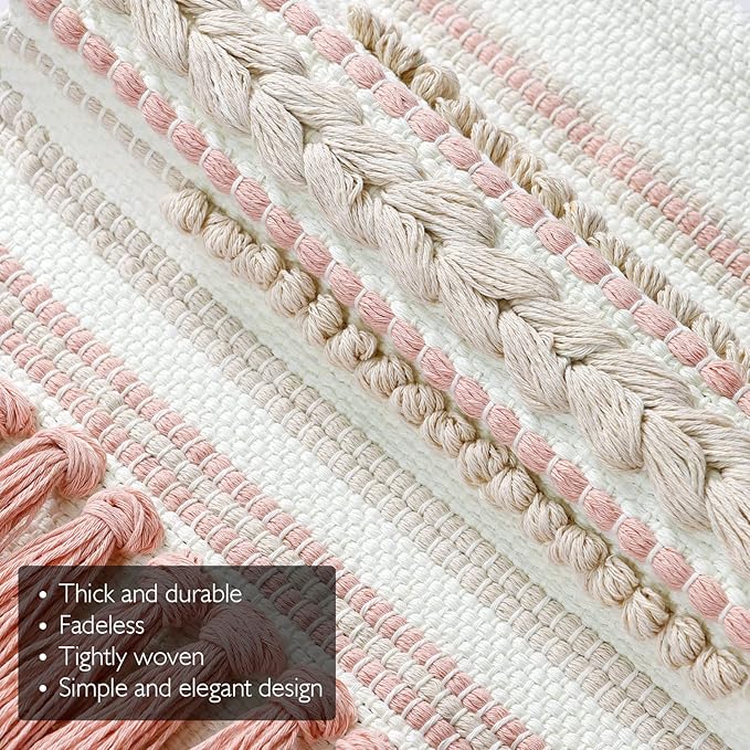 Dremisland Macrame Woven Wall Hanging Home Decor Bohemian Beige Geometric Wave Art Decor with Wool Ball and Tassle-Elegant Apartment Bedroom Dorm Room Door Decoration (Pink Line)