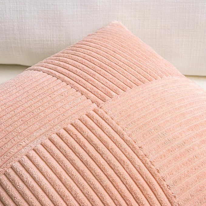 Fancy Homi Set of 2 Peach Boho Long Lumbar Body Decorative Throw Pillow Cover 14x36 Inch for Bed Couch Bedroom Bench, Soft Patchwork Corduroy Textured Pillow Case, Rustic Farmhouse Room Décor