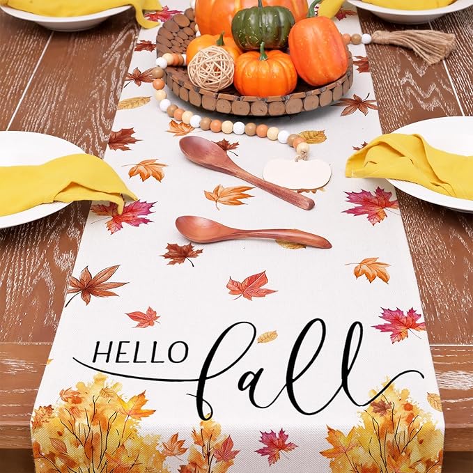 GEEORY Fall Watercolor Trees & Maple Leaves Table Runner 13x72 Inch, Rustic Farmhouse Autumn Thanksgiving Decor for Kitchen, Dining, Indoor/Outdoor Holiday Dinner Party Orange Red GT160-72