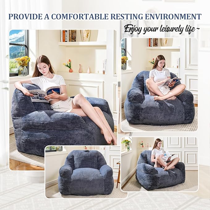 Giant Bean Bag Chair, Faux Fur Bean Bag Chair for Adults, Fluffy and Comfy Bean Bags with Filler, Big Bean Bag Sofa Chair for Reading, Gaming, Stuffed High-Density Foam, Grey