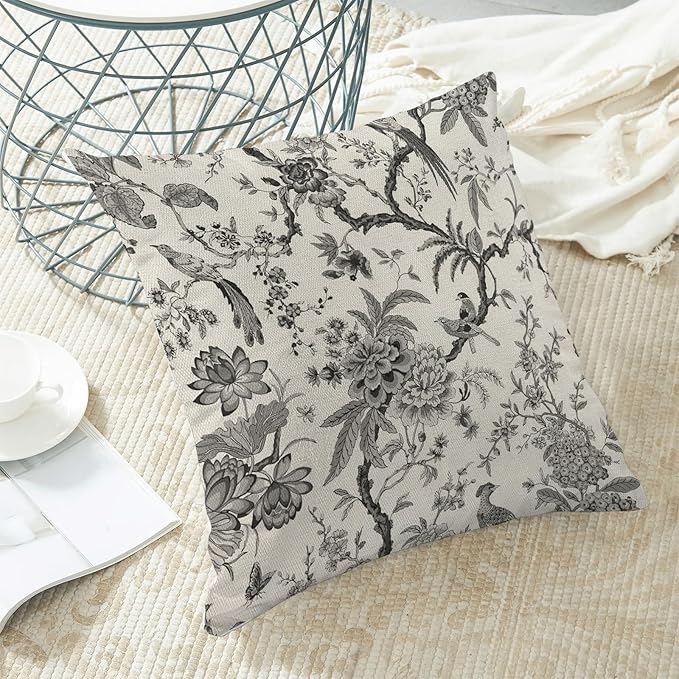 CXMEIFLY Spring Floral Birds Pillow Covers 20 x 20 Inch Set of 2 for Chinoiserie Flowers Decor Throw Pillows Black and White Plant Outdoor Decorative Cushion Cases for Couch Bed Decorations