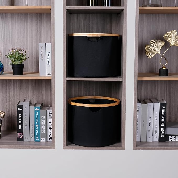 efluky Storage Baskets for Organizing, Fabric Storage Bins with Bamboo Handles, Collapsible Storage Baskets for Shelves and Closet,Medium, Black Set of 2