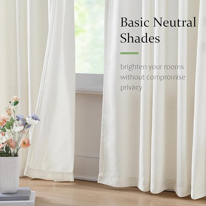 FMFUNCTEX Pinch Pleated Curtains 84 Inches Long for Living Room, Ivory Semi Sheer Faux Linen Textured Pleat Drapes for Bedroom with Hooks, Light Filtering Farmhouse Window Drapes 2 Panels