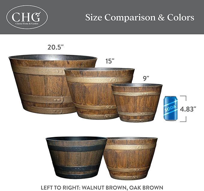 Classic Home & Garden Whiskey Barrel Planters - Wood Finish Flower Planter Pot - Stylish Garden Pots - Indoor & Outdoor Resin Planters - Weather-Resistant Planting Pots (15.5" Walnut Brown, Pack of 1)