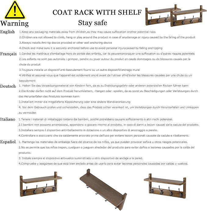 Coat Rack with Shelf Wall Mount, Entryway Bamboo Hanging Shelf, Set of 2, Wall Hook Rail for Hallway Décor, Storage Clothe, Hat, Robe, Key, Dog Leash (White+Black)