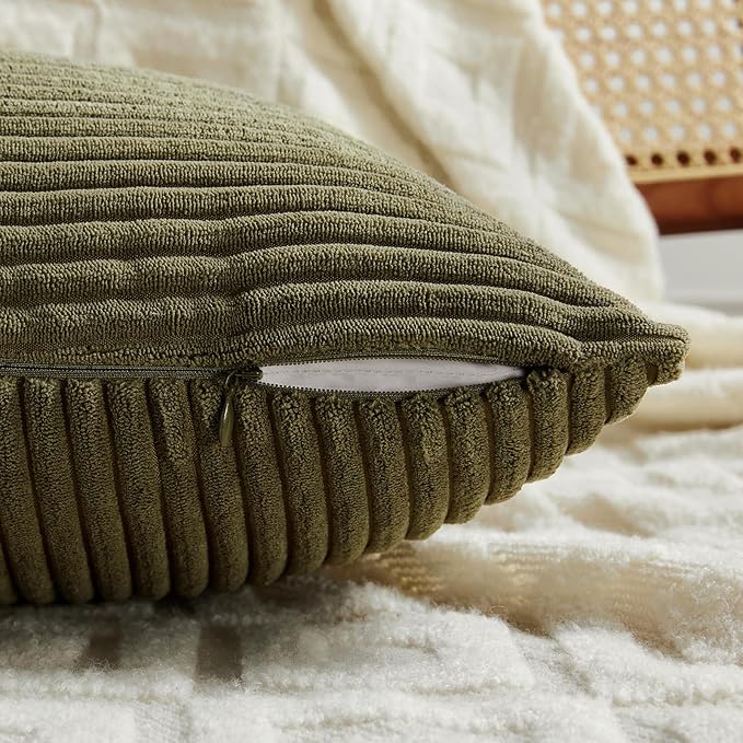 Fancy Homi 2 Packs Olive Green Samll Decorative Throw Pillow Covers 14x14 Inch with for Couch Bed Sofa, Rustic Farmhouse Boho Home Decor, Soft Corss Patchwork Corduroy Square Cushion Case 35x35 cm