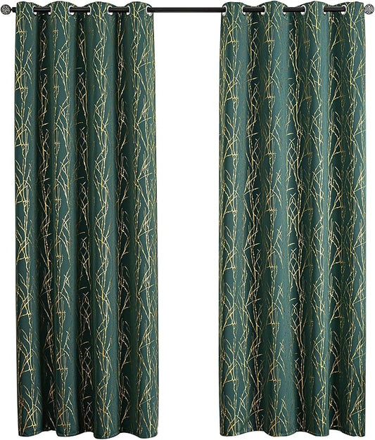 Grommets Blackout Long Window Curtains Green Gold-52W*95L 2PCS Drapes for Bedroom