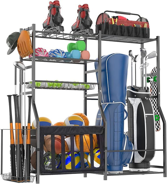 Garage Sports Equipment Organizer, Strong Load Bearing Golf Bag Organizer, Multi Use Golf Ball Rack Basketball Rack for Sports Gear and Outdoor Toy Ball Storage