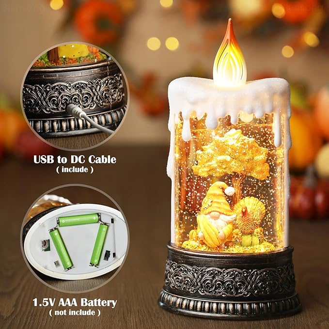 Fall Snow Globe Candle Fall Decorations for Home with Timer Gnome Turkey Pumpkin Autumn Harvest Fall Decor Indoor 9.7 inch