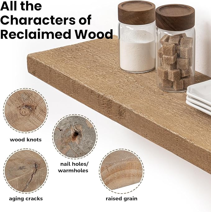 Floating Shelves - 8" Deep Rustic Reclaimed Barnwood Wall Hanging Shelves with Invisible Heavy-Duty Metal Bracket - Wall Mounted - Farmhouse Style - 48 inches, Distressed Natural