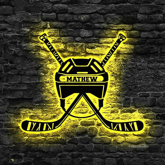 Custom Hockey LED Sign - Goalie Helmet Personalized Name Sign with Crossed Sticks, Light Up Goalie Mask Hockey Room Decor for Boys, Players, Fans
