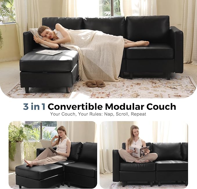 Faux Leather Single Sofa with Storage Ottoman, Modern Accent Chair Deep Seat Large Reading Armchair, Chaise Lounge Chair for Living Room Bedroom Office Black