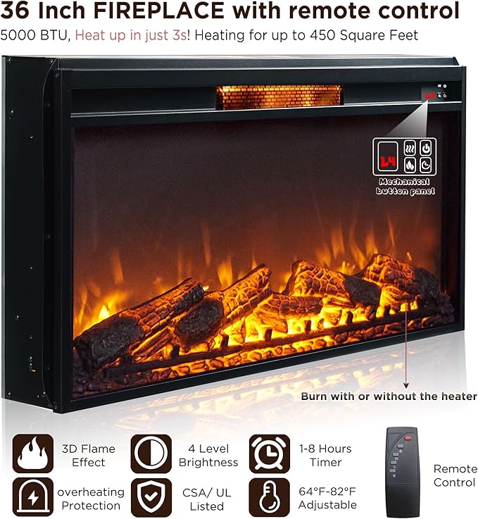 Fireplace TV Stand for 80 Inch TV, 35.7" Tall Farmhouse Entertainment Center W/36'' Electric Fireplace, Media Console with Large Storage Cabinets and Drawers for Living Room, Light Brown