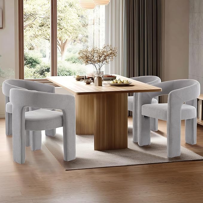 Grey Chenille Dining Chairs Set of 4, Modern Barrel Dining Room Chairs Upholstered Faux Fur Accent Chair with Arms and Round Back for Living Room Kitchen Armchair No Assembly Needed
