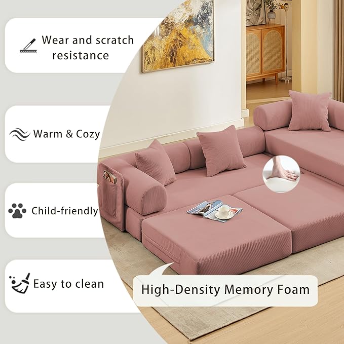 107" Oversized Convertible Sleeper Sofa Bed, Corduroy L Shape Sectional Couch, Folding Sofa Bed with Side Pocket, Modern Cloud Floor Mattress Couch, Modular Sofa for Living Room, Pink