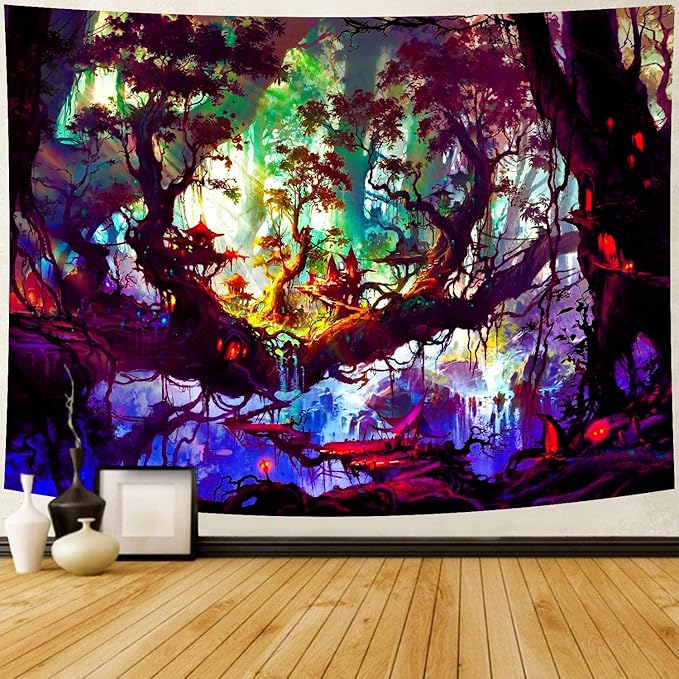 Delur Fantasy Forest Tapestry Mystical Landscape Magical Enchanted Forest Tree Nature Tapestry Psychedelic Wall Hanging Headboard for Bedroom Living Room Home Decor (51.2" x 59.1")
