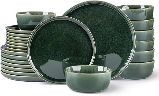 GBHOME Ceramic Dinnerware Sets for 8, 24 Pieces Stoneware Plates and Bowls Sets, Reactive Glaze Dishes -Scratch Resistant, Dishwasher&Microwave Safe, Earth Green