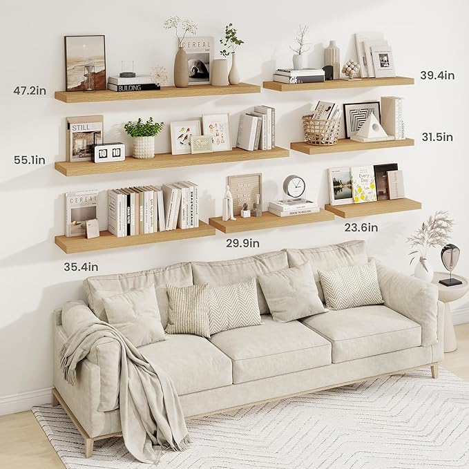 Fun Memories 24 Inch Floating Shelves for Wall, 9 Inch Deep Oak Rustic Wood Wall Mounted Shelves for Bathroom, Kitchen, Living Room, Set of 2