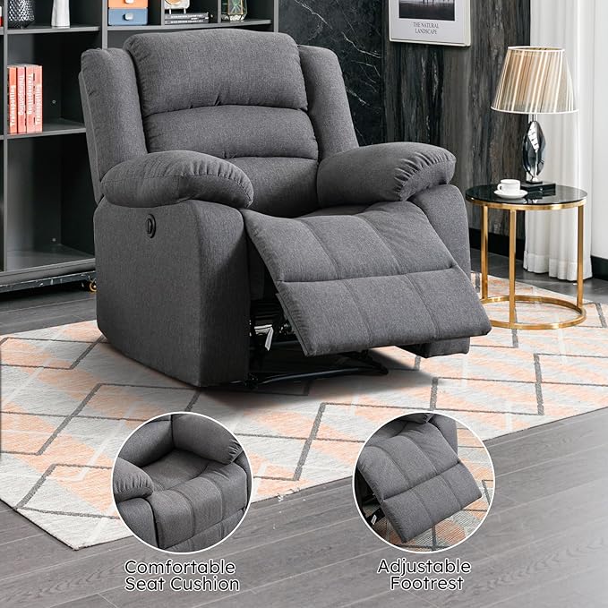 EBELLO Classic Power Recliner Chair, Oversized Electric Reclining Chair with Overstuffed Cushion and Back, Soft Fabric Adults Single Recliner Sofa for Living Room, Grey