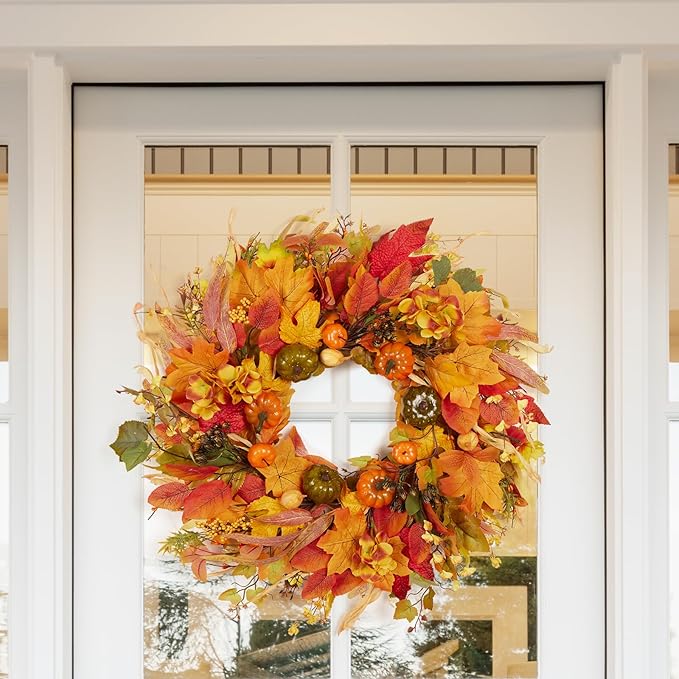 Fall Wreath for Front Door,24" Autumn Front Door Wreath Fall Decorations with Pumpkins Hydrangea Maple Leaves for Porch Window Farmhouse Halloween Thanksgiving Harvest Festival Home Decor