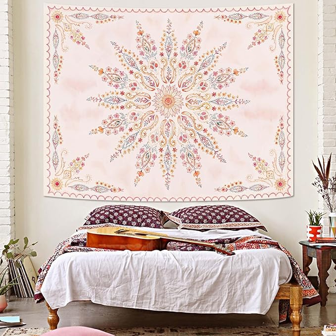 Fowocu Boho Floral Mandala Tapestry for Bedroom Aesthetic Pink Bohemian Flower Wall Tapestry Watercolor Hippie Indian Small Tapestries Wall Hanging for Living Room Dorm Decor 40 x 30 Inch