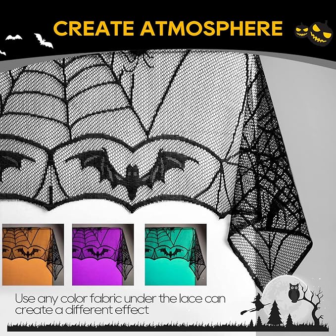 eZAKKA Halloween Table Cloth, Spider Web Table Cloth Black Tablecloth Lace Fabric Table Cloths Halloween Table Cover for Rectangle for Parties Gothic Spooky Home Decorations, 48x96 Inch