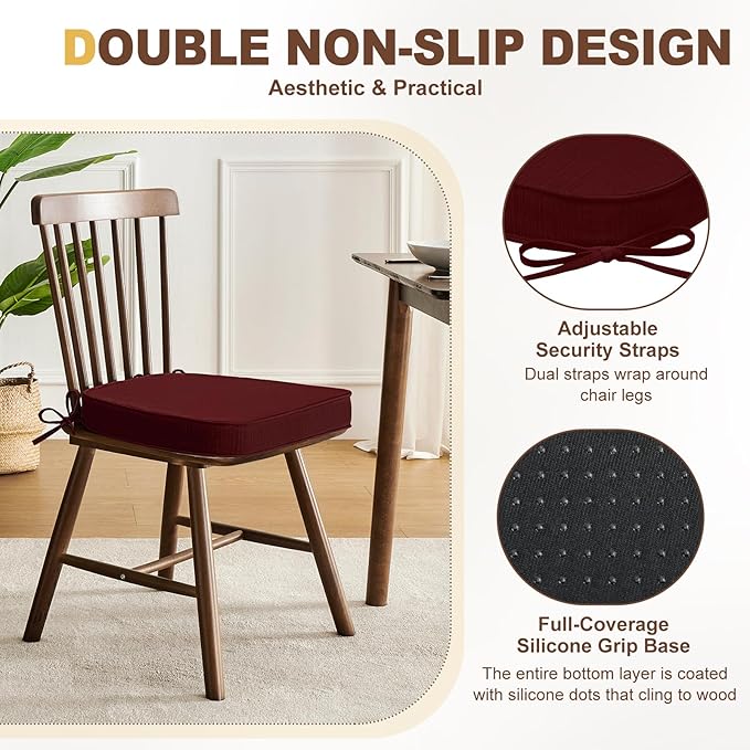 downluxe Chair Cushions for Dining Chairs, Waterproof Kitchen Chair Pads, Non-Slip Dining Seat Cushion with Ties, 17" x 16" x 2.5", Burgundy, 6 Pack