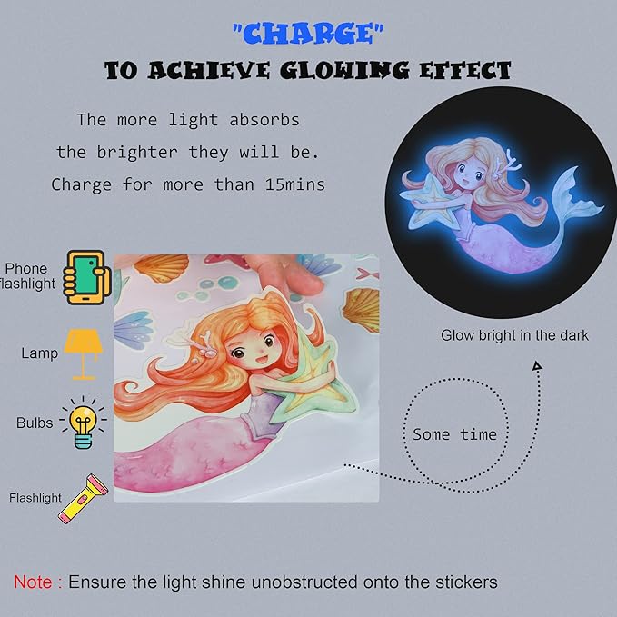 Glow in The Dark Stars Mermaid Wall Decals, Turtle Ocean Fish Stickers for Ceiling, DIY Wall Decor for Nursery Playroom Living Room, Birthday Christmas Gift