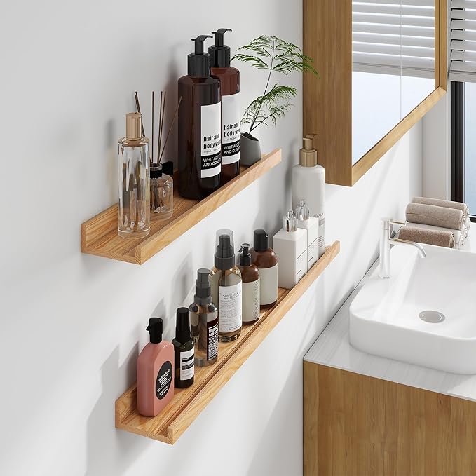 Floating Picture Ledge Shelves 55 Inch Solid Oak Wood Set of 2, Rustic Wall Storage Shelves with Lip, Kids Bookshelf, Photo & Picture Ledge Shelves for Bedroom, Living Room, Kitchen