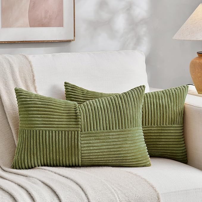 Fancy Homi 2 Packs Moss Green Lumbar Decorative Throw Pillow Covers 14x24 Inch for Couch Bed, Rustic Farmhouse Boho Home Decor, Soft Striped Corduroy Rectangle Accent Cushion Case 35x60 cm