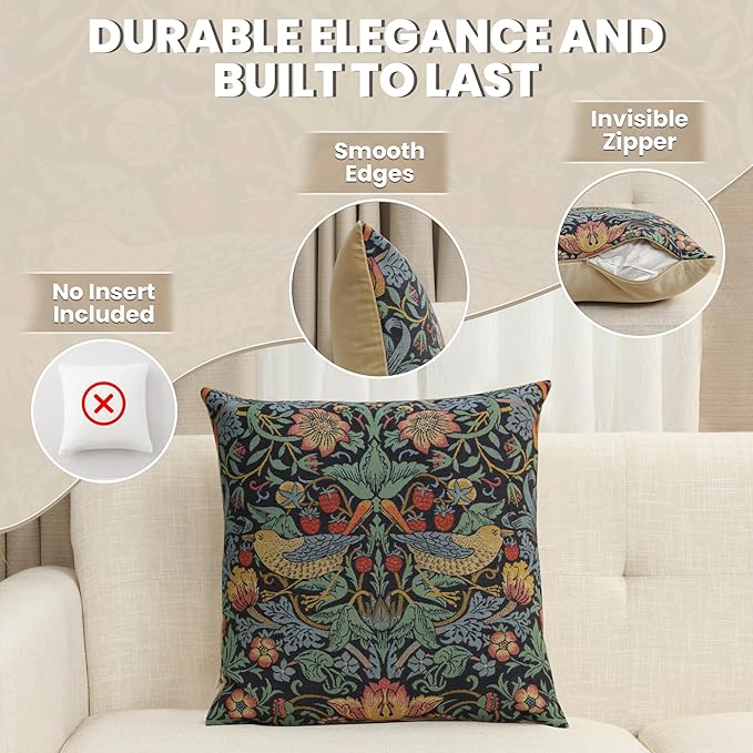 Charlotte Home Furnishings Throw Pillow Covers, Decorative Boho Pillow Covers for Couch, Living Room, Blue Strawberry Square Cushion Cases 18x18 in, European Cotton Jacquard Woven, Cozy Bedroom Decor