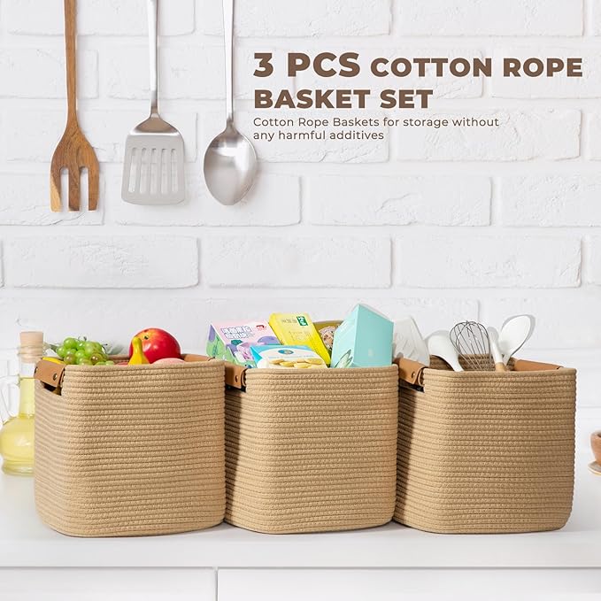 danpinera 3 Pack 11 Inch Woven Baskets for Storage, Stylish Storage Baskets for Shelves, Laundry, Bathroom, Kitchen, Cube Storage Bin, Cotton Rope Boho Baskets, Jute