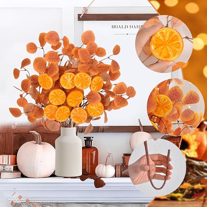 Eucalyptus Stems, 4PCS Artificial Lemon Stems Faux Citrus Branches Plastic Decor for Kitchen, Table Centerpieces, Entryway, Thanksgiving Wedding Party (Orange)
