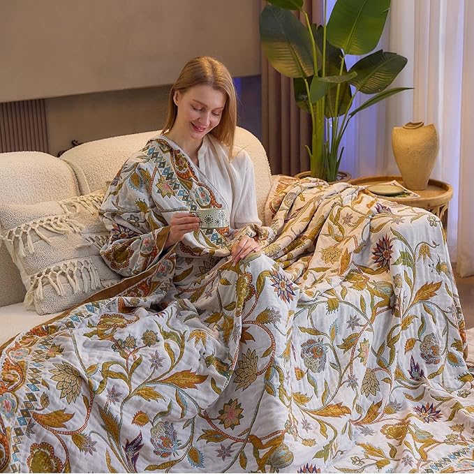 Fall Throw Blanket for Couch, Brown Boho Decorative Throw Blanket, 100% Cotton Muslin Breathable Woven Farmhouse Blankets Quilt, 60"x80" Reversible Lightweight Blankets Bohemian Throw Quilt