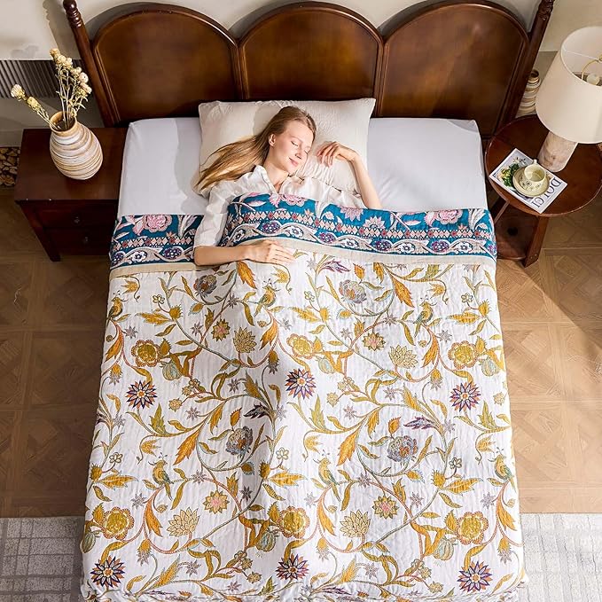 Fall Throw Blanket for Couch, Brown Boho Decorative Throw Blanket, 100% Cotton Muslin Breathable Woven Farmhouse Blankets Quilt, 50"x60" Reversible Lightweight Blankets Bohemian Throw Quilt