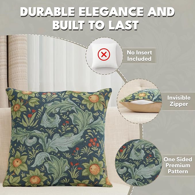 Charlotte Home Furnishings Decorative Tapestry Pillow Cover 19x19 in, Blue Tree Couch Throw Pillow Cover, French Country Square Cushion Cases for Living Room Home Decor, Soft Cotton Jacquard Woven