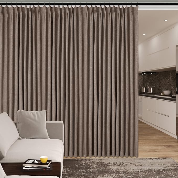120" Wx108 L Linen Room Divider Drapes for Doorway/Glass Window/Sliding Door/Patio, Extra Wide Pinch Pleated Full Blackout Curtains for Girls Boys Teen Kids Room, 1 Panel, Light Brown