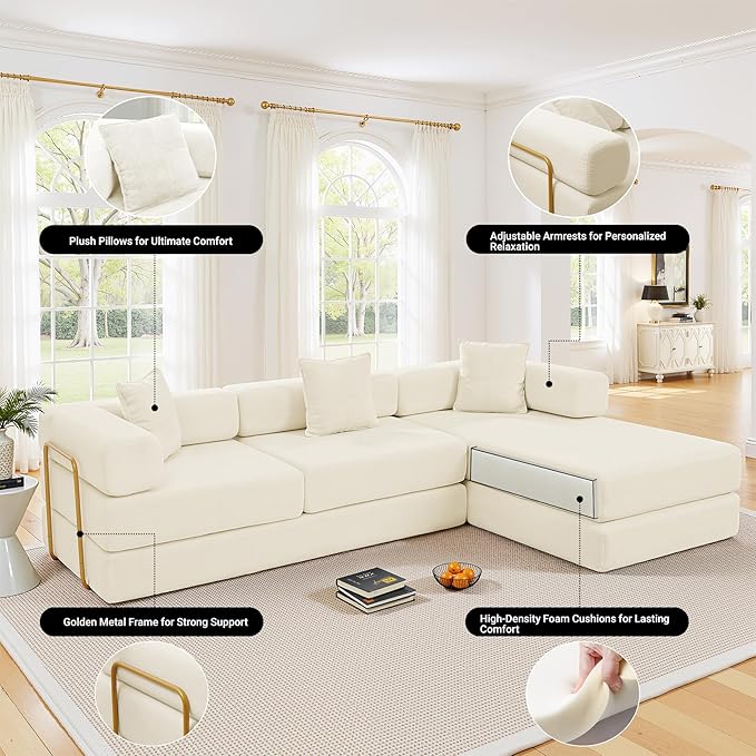 108" Oversized Convertible Sleeper Sofa Bed, Corduroy L Shape Sectional Couch, Folding Sofa Bed with Side Pocket, Modern Cloud Floor Mattress Couch, Modular Sofa for Living Room, Beige