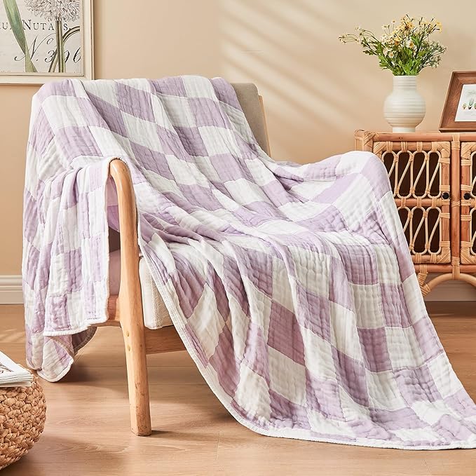 EMME Checkered Cotton Blanket Queen Size for Bed Soft Large Muslin Bed Blankets 80"x90" Lightweight Breathable Cooling All Season, Lavender