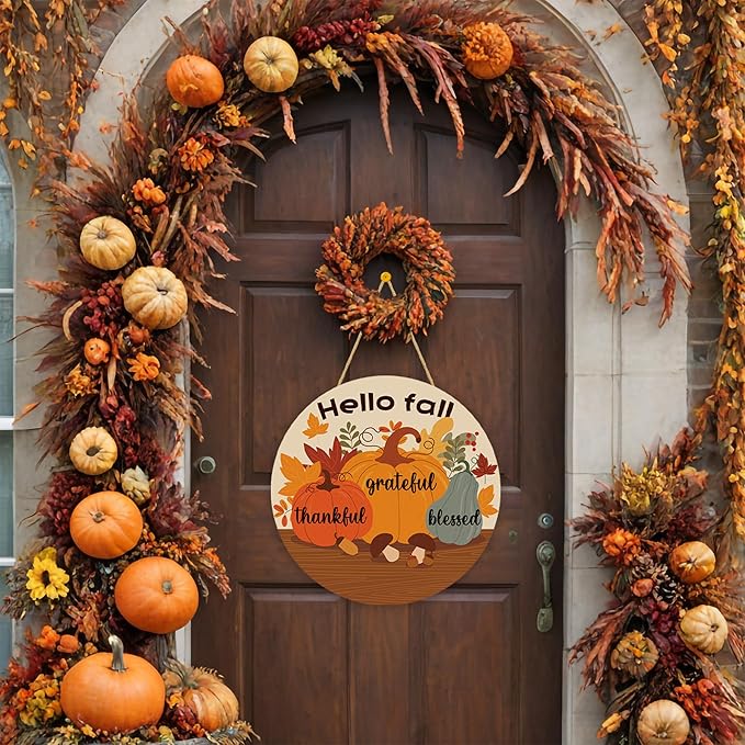Fall Decorations for Home - Welcome Sign for Front Door,Rustic Round Wood Wreaths for Outdoor,Maple Leaves Garland Porch Decor for Thanksgiving Friendsgiving - Fall Decor for Room Kitchen Wall