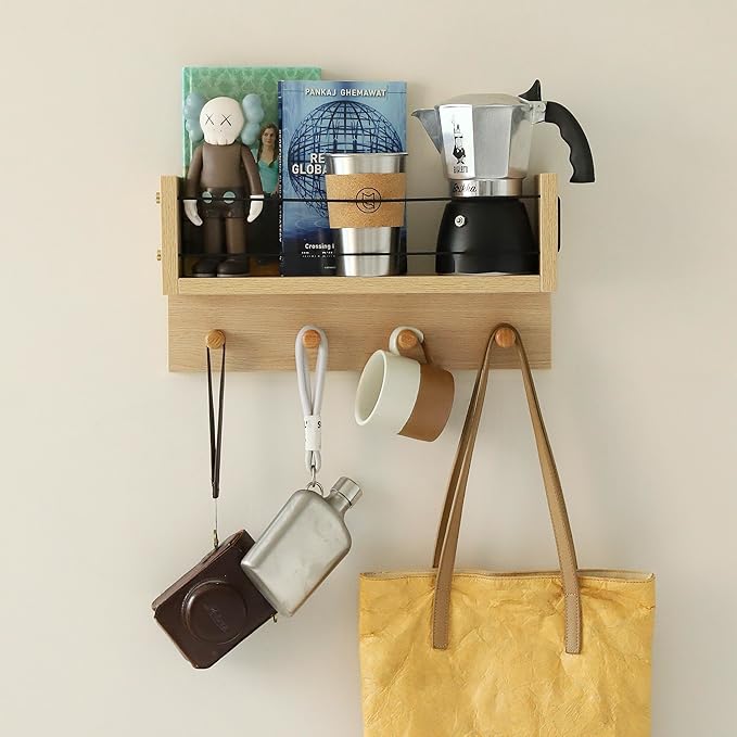 Entrance Coat Rack ，Coat Hooks, Wall-Mounted Wooden Hook Rack, Wall-Mounted Shelves are Very Suitable (Oak Colored Finish-A)