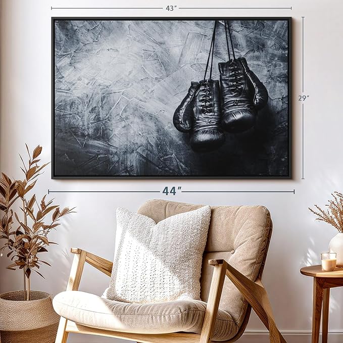 ElephantStock Boxing Gloves Wall Art - Horizontal Framed Canvas - 1-Piece Living Room Wall Decor - Photography Sports Canvas Print - Black and Gray Decor for Wall - 43" X 29"