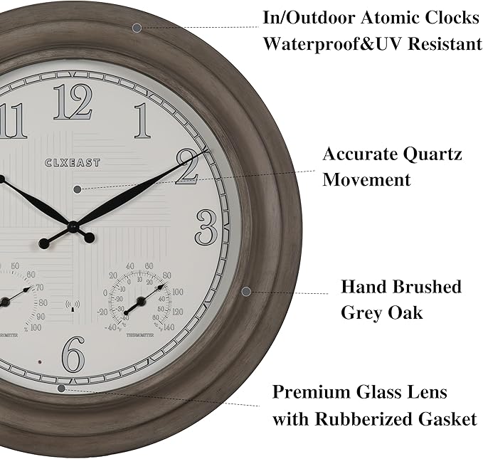 CLXEAST 24 Inch Self-Illuminated in/Outdoor Atomic Wall Clock with Temperature and Humidity, Oversized Large 24 Inch Wall Clocks for Living Room Decor, Brushed Grey Oak Wooden Finish