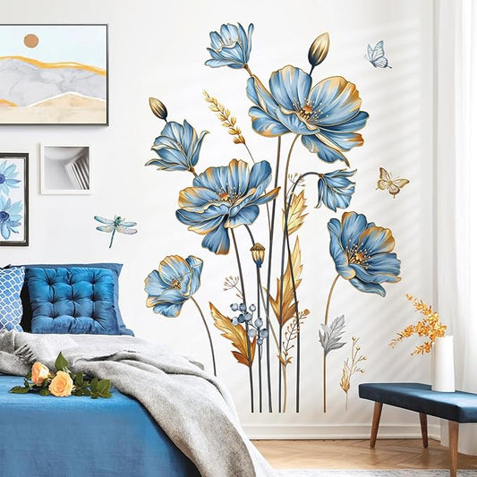 decalmile Large Blue Flower Wall Stickers Floral Butterfly Plants Gold Leaves Wall Decals Bedroom Living Room Sofa TV Background Wall Decor