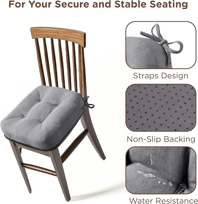 Codi 6 Pack Dining Chair Cushions, Thick Chairs Pads for Indoor Kitchen Room - Washable, Non-Slip Seat Cushion with Ties, 16.5"x16.5"x 3.5", Set of 6, Grey